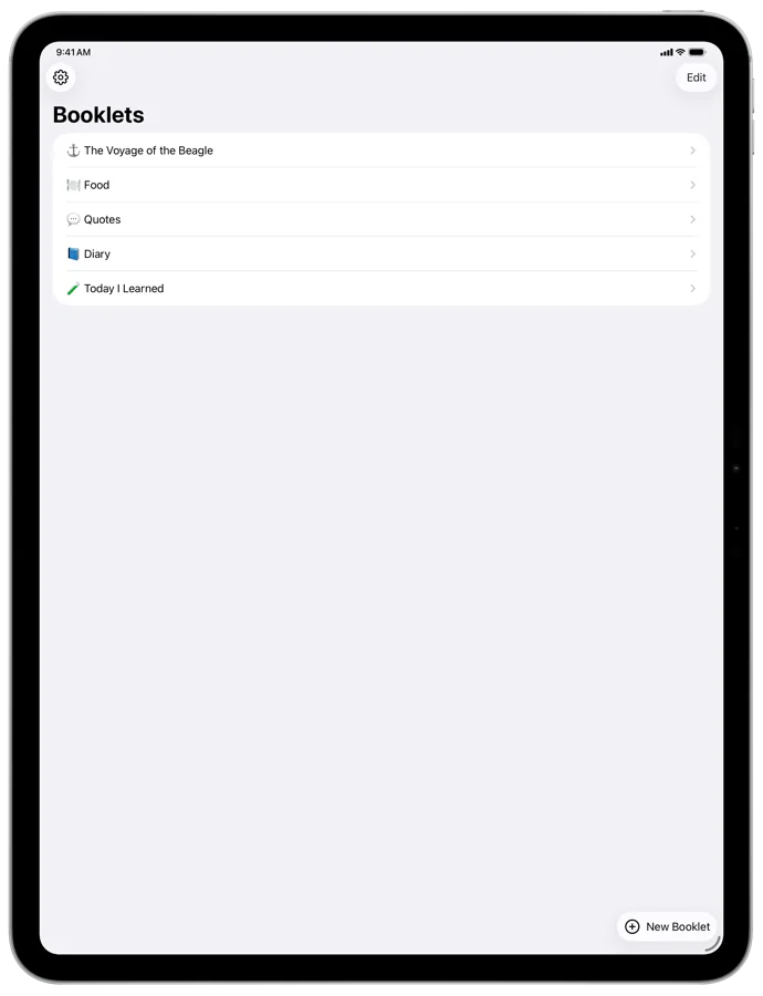 The list of booklets in LogBooklet on iPad.