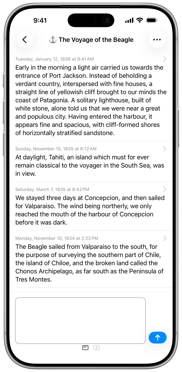 A booklet in LogBooklet on iPhone, showing entries above the box they are written in.