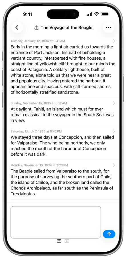 A booklet in LogBooklet on iPhone, showing entries above the box they are written in.