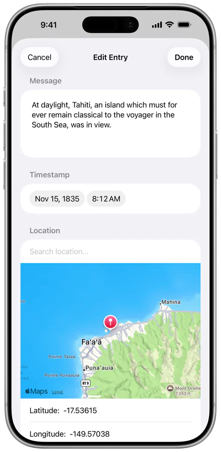 Editing an entry in LogBooklet on iPhone, with its message, timestamp and location on a map.