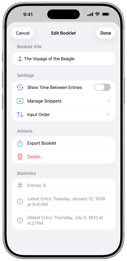 The options for a LogBooklet booklet on iPhone, including elapsed time, snippets, export, and statistics.