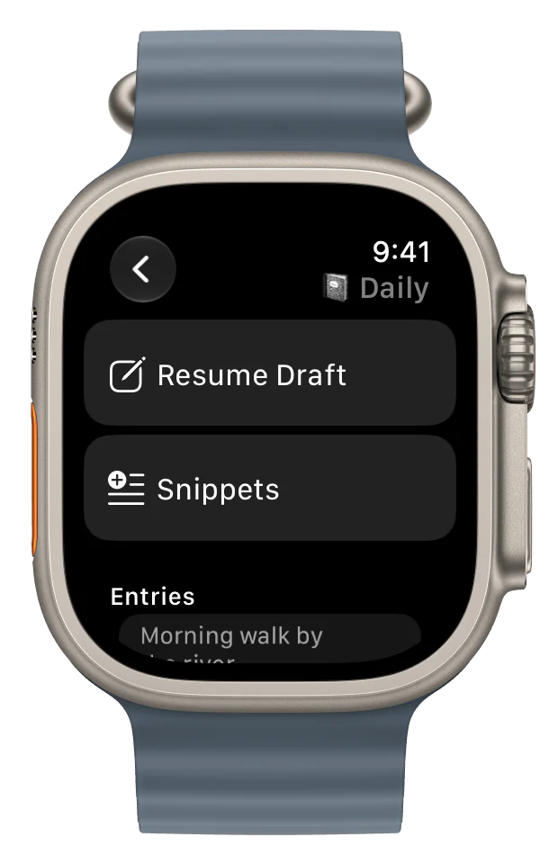 A LogBooklet booklet on Apple Watch with Resume Draft and Snippets buttons above the start of its entry feed.