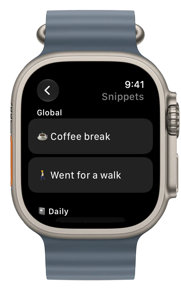 Global snippets in LogBooklet on Apple Watch, with the Daily booklet's snippet section beneath.