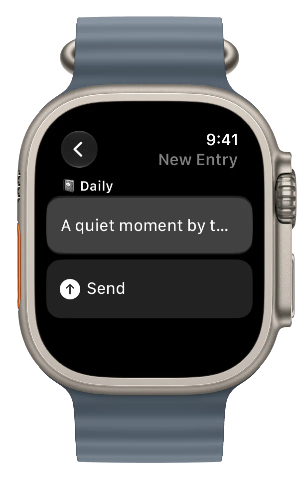 The LogBooklet composer on Apple Watch with an entry text field and a Send button.