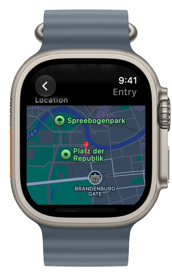 The recorded location of a LogBooklet entry on Apple Watch, shown on a map.